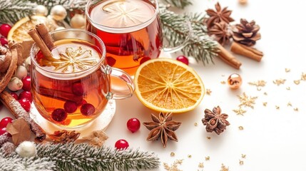Festive Holiday Beverage with Spices, Dried Citrus, and Decorations