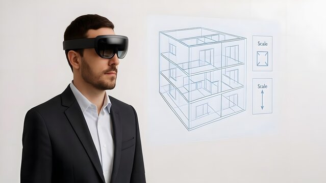 Architect Using AR Headset to View Floating Building Blueprint with Floor Plans