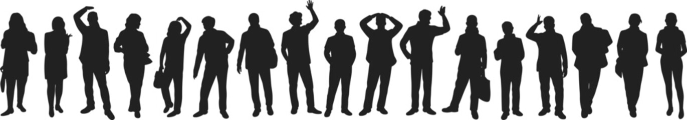 silhouette of standing people, black figures pose, business crowd vector, team standing illustration, diverse body language, professional silhouettes, group of people art