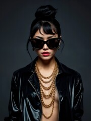 Confident Woman in a Stylish Black Leather Jacket and Oversized Sunglasses, Adorned with Bold Multiple Gold Chain Necklaces, Posing Against a Dark Background, Ideal for Fashion, Urban, and Edgy Style