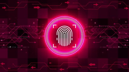 Futuristic fingerprint biometric scanner for identification and recognition. A glowing fingerprint icon breaking apart into data fragments, representing a personal data breach.