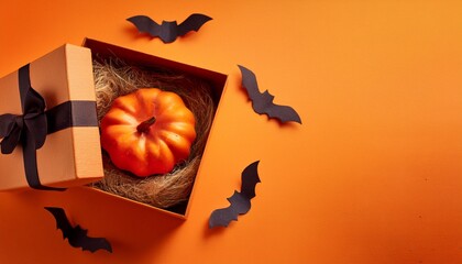 halloween gift box with pumpkin and bat toy on orange background