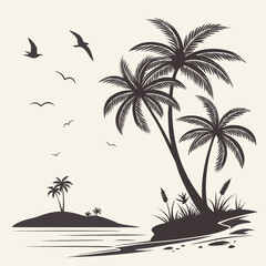 Fototapeta premium Minimalist tropical island with palm trees and birds, silhouette vector