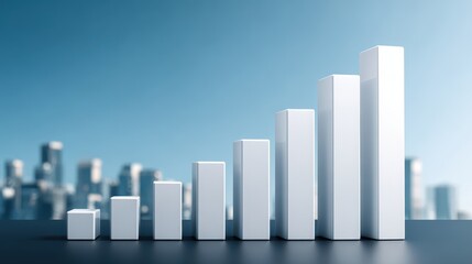 Visual data story concept, Modern bar graph with silver columns against a city skyline background, symbolizing growth and progress.
