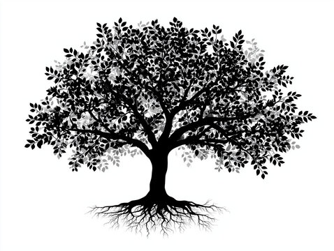 Black silhouette of a tree with roots