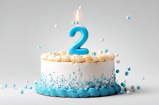 Festive cake with a candle for a 2 year old birthday. Falling confetti. Food, lifestyle. Video for graphic design. Created by artificial intelligence.
