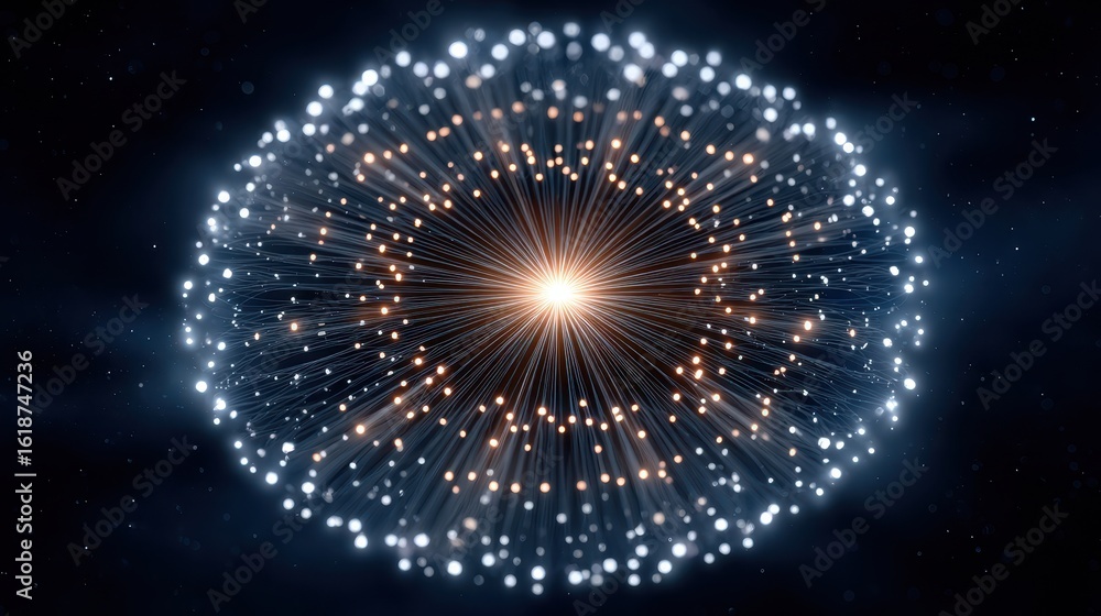 Wall mural visual data story concept, radiating light bursts against a dark cosmic backdrop, creating a strikin