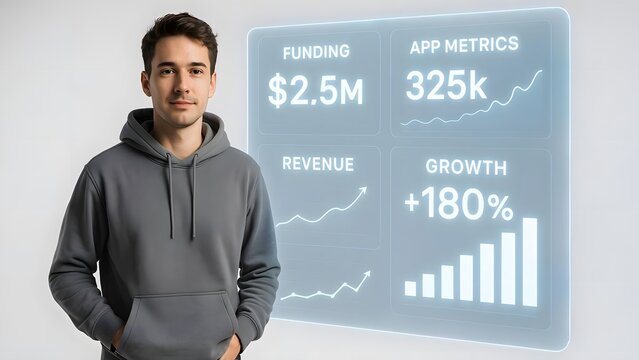 Startup Founder Analyzing AR Dashboard with Growth Metrics in Futuristic Scene
 - Powered by Adobe