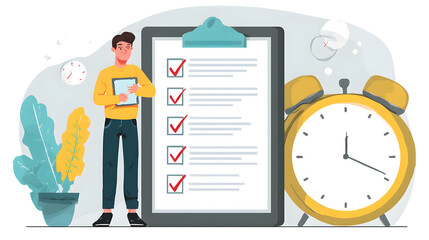A man with a clipboard standing next to a checklist and a clock with a plant in the background