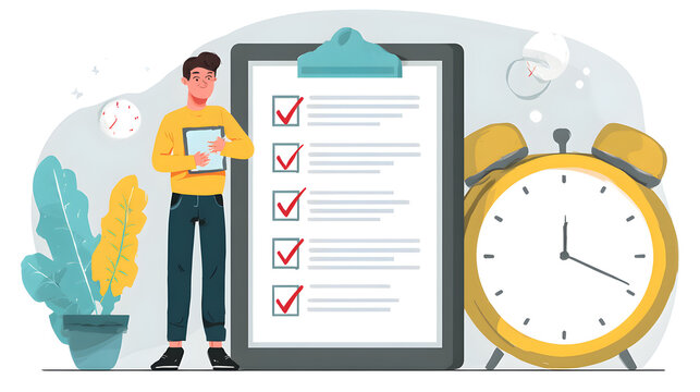 A man with a clipboard standing next to a checklist and a clock with a plant in the background