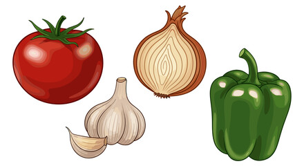 Fresh Ripe Tomato Garlic Onion Green Bell Pepper Ingredients for Healthy Cooking Isolated on Transparent Background