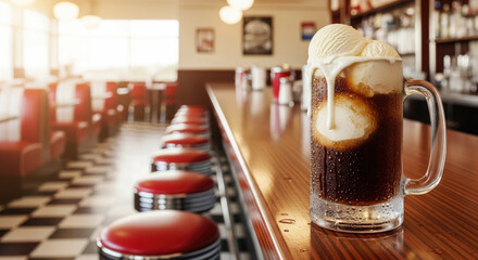 root beer float on the counter of a classic retro american diner