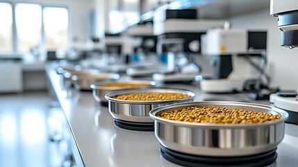 Metal trays holding small, golden particles are arranged on a laboratory bench.