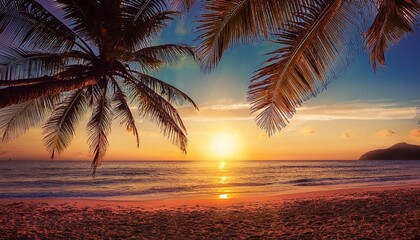 tropical beach sunset with palm trees over the ocean