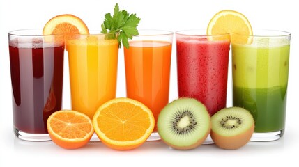Fototapeta premium Fresh Juice Variety Display with Fruits on a Vibrant Background