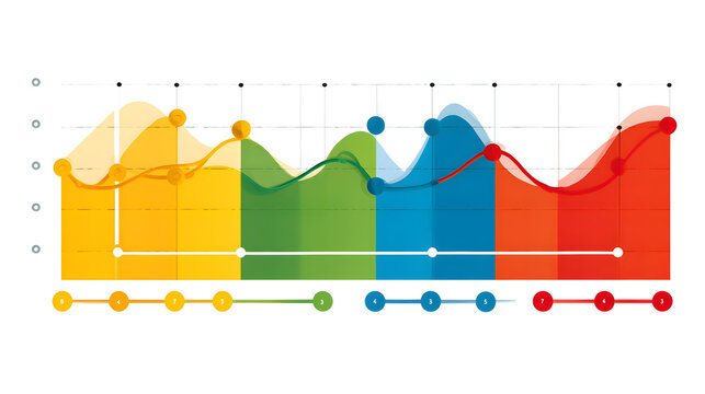 Colorful data chart with fluctuating lines and horizontal markers showing trends and comparisons