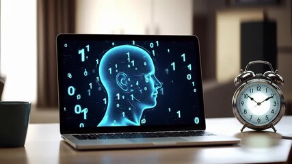 Artificial intelligence concept with digital human head profile on laptop screen. Binary code, neural networks, machine learning visualization. Ai technology, cyber brain, futuristic computing - Powered by Adobe
