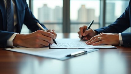Two professionals signing a business contract on a table in an office setting