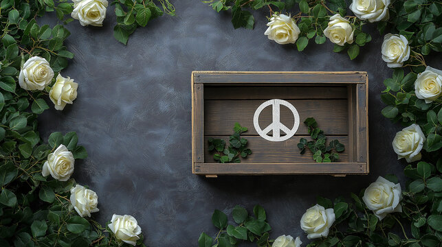 Symbolic Peace in Empty Crate Surrounded by Roses