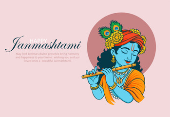 Elegant Janmashtami Greeting with Lord Krishna Playing Flute on Pink Background