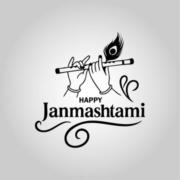 Minimalist Janmashtami Design with Krishna Flute, Hand Symbol, and Peacock Feather