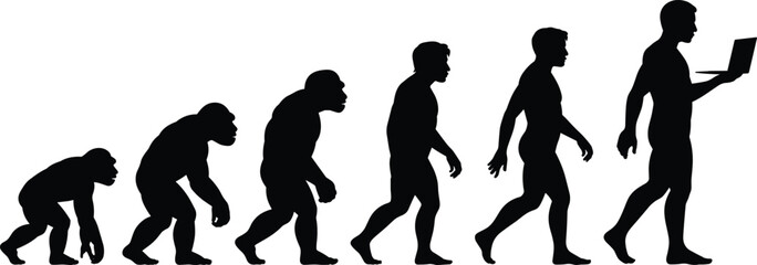evolution silhouette, human evolution stages, monkey to man, evolution of humans, caveman to modern man, laptop user silhouette, technology progress, walking poses
