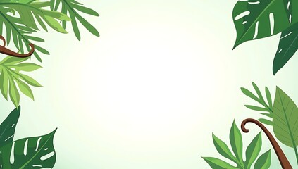 Abstract leafy vector frame with layered green leaves and soft shadows, blank center for quotes or product display.