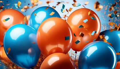 festive background with a cluster of orange and blue balloons surrounded by scattered colorful confetti