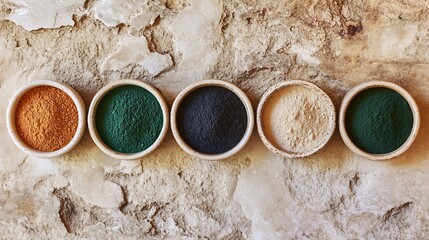Assorted superfood powders like spirulina, maca, and acai displayed in small ceramic bowls