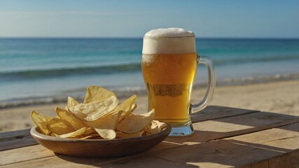 Bebida fría en una taza transparente, rellena de cerveza rubia dorada y cubierta de espuma cremosa, lista para saciar la sed veraniega.