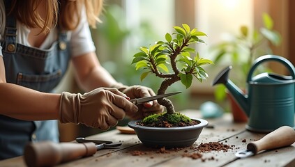 A woman’s hands in gardening gloves trimming a small bonsai tree on a wooden desk with tools, soft glowing background.
