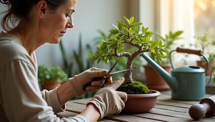 A woman’s hands in gardening gloves trimming a small bonsai tree on a wooden desk with tools, soft glowing background.