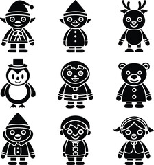 Winter holiday character icon set. Black and white graphic symbols of a Christmas elf, reindeer, penguin, and children for festive design.