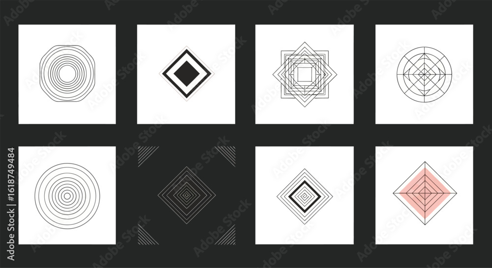 Poster geometric shapes and patterns presented in a grid arrangement, showcasing various designs.