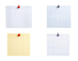 Four blank paper notes clipped to a white or transparent background, arranged in a ne 