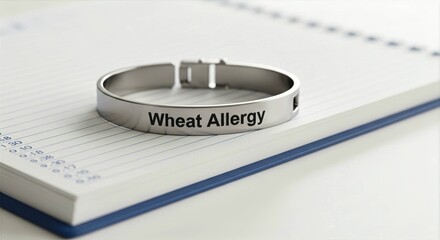 Fototapeta premium Silver medical alert bracelet with Wheat Allergy engraving on doctors notepad and white notebook background
