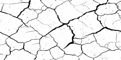 Black and white cracked texture resembling dried, parched earth with rough, jagged lines and scattered grunge details. Ideal for distressed backgrounds, erosion effects, or abstract design themes.