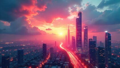 Futuristic City Dawn Sleek Architecture Reaching for a Vibrant, Optimistic Sky, Symbolizing Innovation and Progress