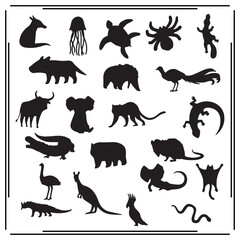 Animal Silhouettes Set - Diverse Animals Including Mammals, Birds, Reptiles, and Marine Life Icons, Nature Graphics for Wildlife, Creative, and Educational Use