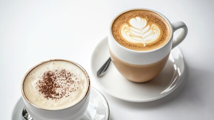 Freshly Brewed Coffee and Cappuccino on White Tabletop with Spoon