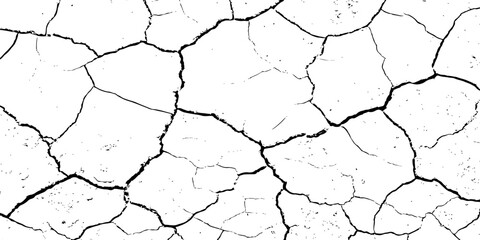 Black and white cracked texture resembling dried, parched earth with rough, jagged lines and scattered grunge details. Ideal for distressed backgrounds, erosion effects, or abstract design themes.