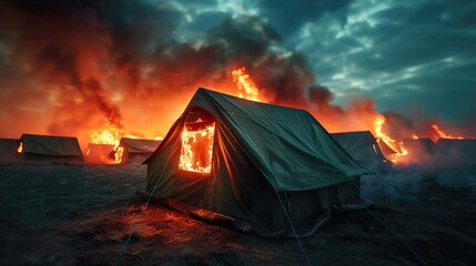 A green camping tent illuminated by flames, surrounded by smoke, creating a dramatic scene of disaster and chaos in a sunset setting.