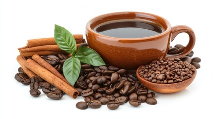 Fototapeta premium Freshly Brewed Coffee with Cinnamon Sticks and Coffee Beans Display