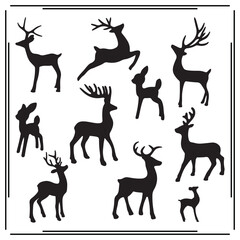 Deer Silhouettes Set - Various Deer Poses, Stag and Doe Icons, Wildlife Graphics for Nature, Hunting, and Forest Design Use