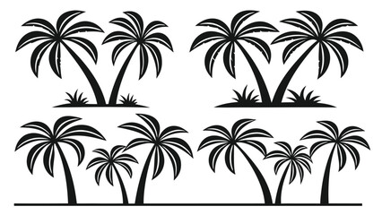 Clean vector illustration of tropical palm trees; simple, black silhouette; summer vacation design elements.