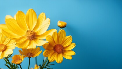 bright yellow flowers against a solid light blue background © Mara