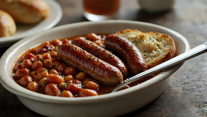 A dish of sausage and baked beans.