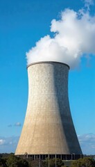 Obraz premium Modern Power Plant Cooling Tower Efficient Vapor Plume Against a Clear Blue Sky, Clean Energy Technology