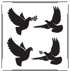 Dove Silhouettes Set - Flying Doves with Olive Branches, Peace Symbol Icons, Bird Graphics for Peace, Nature, and Creative Design Use