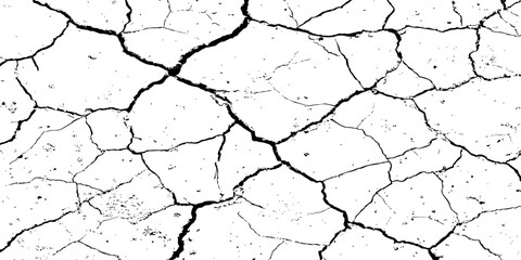 Black and white cracked texture resembling dried, parched earth with rough, jagged lines and scattered grunge details. Ideal for distressed backgrounds, erosion effects, or abstract design themes.